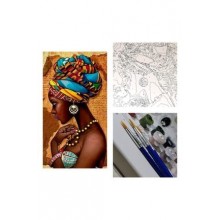 Sayılarla Boyama Fırça Ve Boya Hediyeli Tuval Seti / Afrikalı Kız