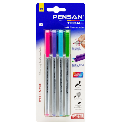 Pensan - Triball Tükenmez Kalem / 1.0 mm Renkli - 4'lü